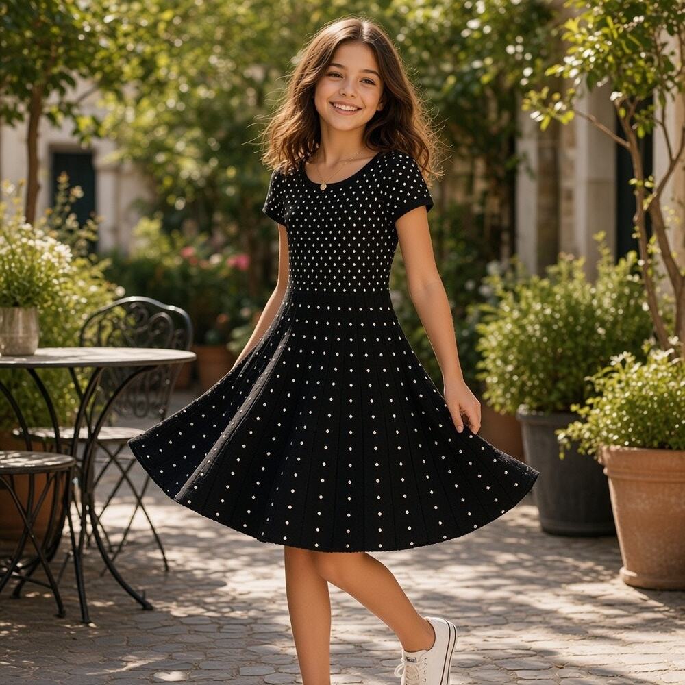 GB Girls M Black Polka Dot A Line Dress Stretch Flare Skirt Party Casual